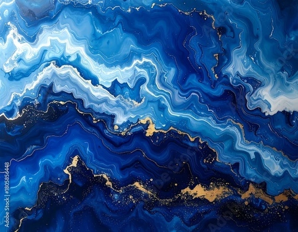 Fototapeta Abstract art with wavy, marbled textures in deep and light blues accented with metallic gold lines and hints of white