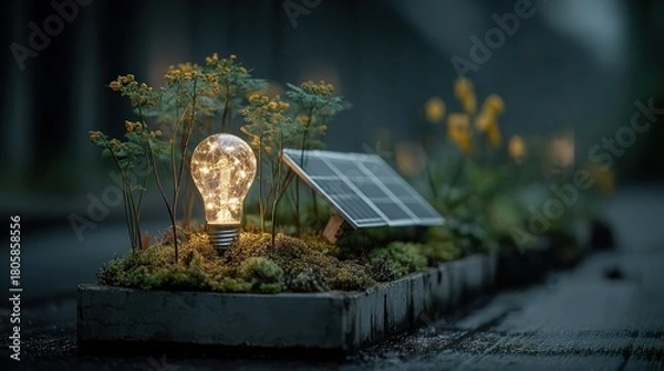 Fototapeta Eco-Friendly Concept: Solar Panel with Glowing Light Bulb and Plants Representing Renewable Energy