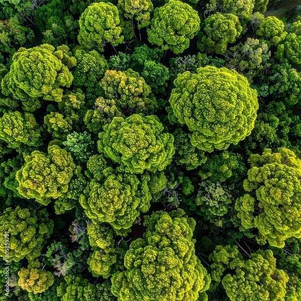 Obraz Aerial view of forest canopy with varied shades of green, illuminated by golden sunlight