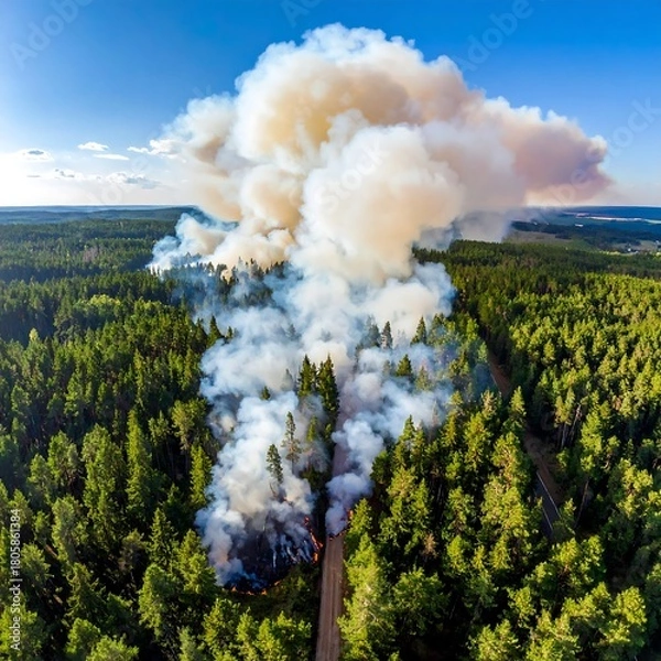 Fototapeta Aerial view of a forest fire, smoke billowing skyward, contrasting with the surrounding green woodland scenery