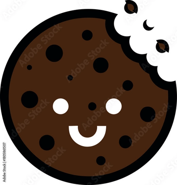 Fototapeta Illustration of cute chocolate chip cookie with a bite taken out, isolated on white background