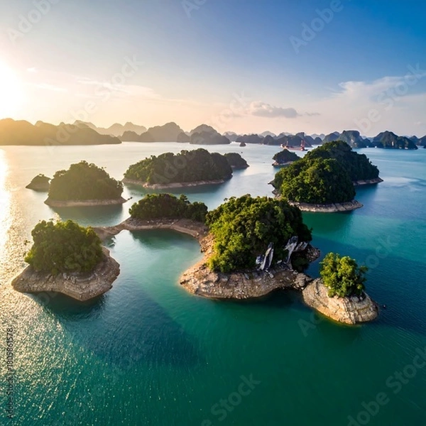 Fototapeta Aerial view of lush, green islets scattered across calm, turquoise waters under a bright, sunny sky