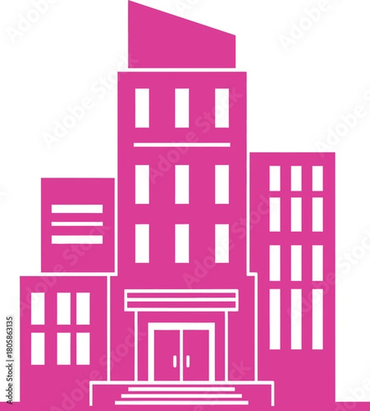 Fototapeta Illustration of modern building with pink facade isolated on white background, vector illustration