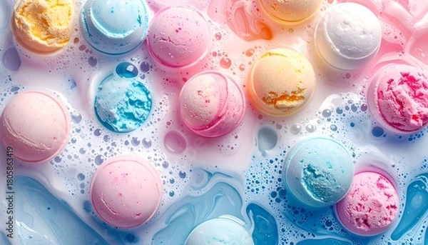 Obraz Aerial view of pastel colored ice cream scoops floating in swirling milky liquids with bubbly texture
