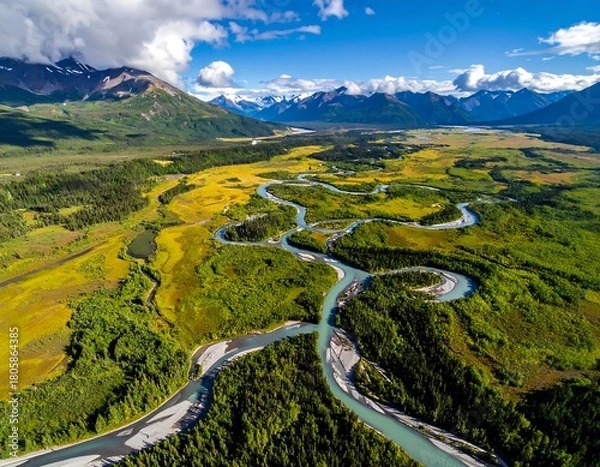 Fototapeta Aerial view of river winding through lush green valley, mountain range backdrop under a sunny blue sky