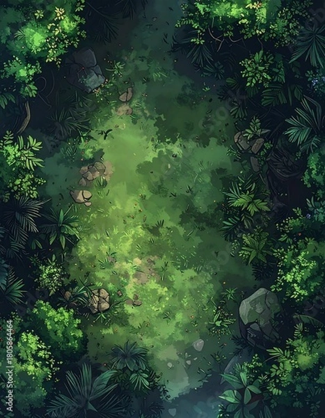 Fototapeta Aerial view of a lush forest clearing, with varied green vegetation and scattered rocks along a winding path