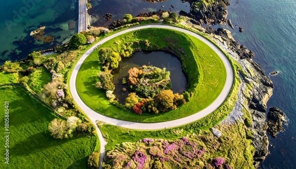 Fototapeta Aerial view of a lush green island with a circular road surrounding a water-filled crater with trees