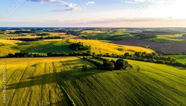 Fototapeta Aerial view of rural landscape. Fields of grain, green hills, blue skies, and soft light