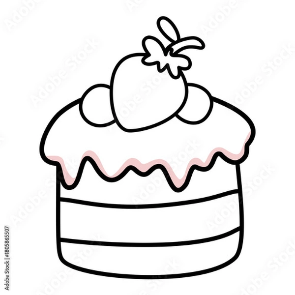 Obraz Strawberry cake vector illustration with cream, decoration, coloring for kids.