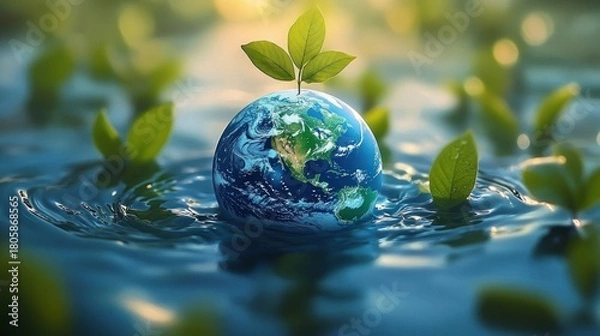 Fototapeta small earth globe floating in water with a green sprout and surrounding leaves, serene hopeful scene of environmental renewal