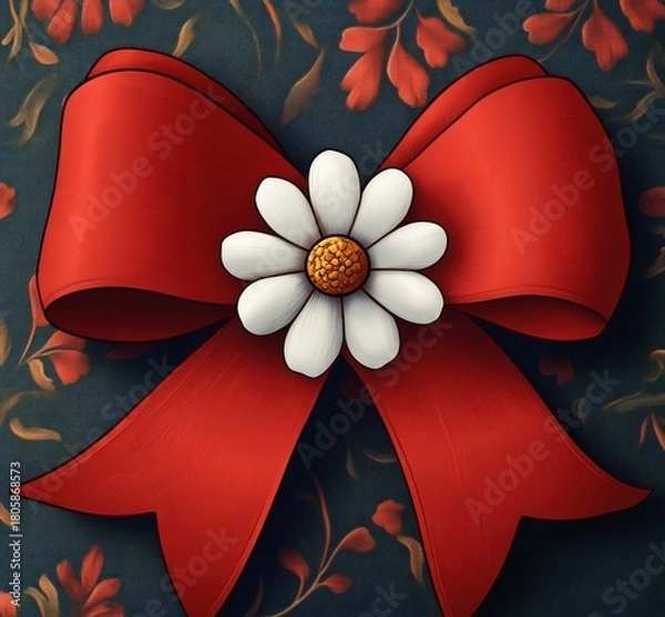 Fototapeta red ribbon bow with white daisy and golden center on dark teal floral patterned background, festive and elegant