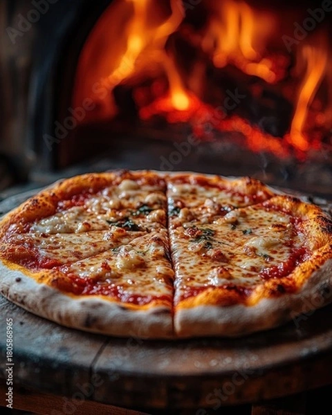 Fototapeta Whole cheese pizza on a wooden board in front of a roaring wood-fired oven with visible flames, golden melted cheese and charred crust, warm and inviting