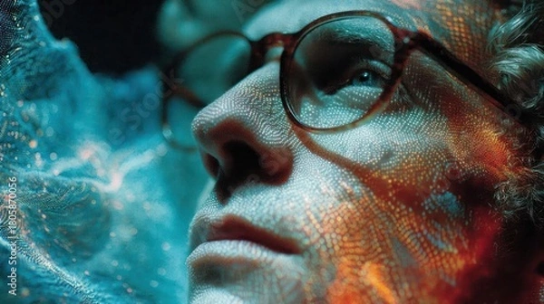 Fototapeta Abstract Portrait of a Man with Glasses and Digital Overlay, Futuristic and Artistic