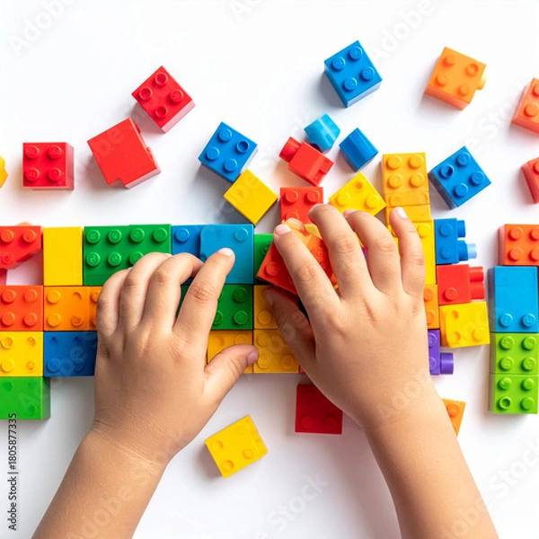 Obraz top view of hands playing colorful blocks isolated on white background