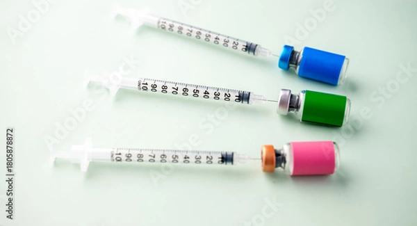Obraz Single Use Syringes With Glass Vials with Various Labels