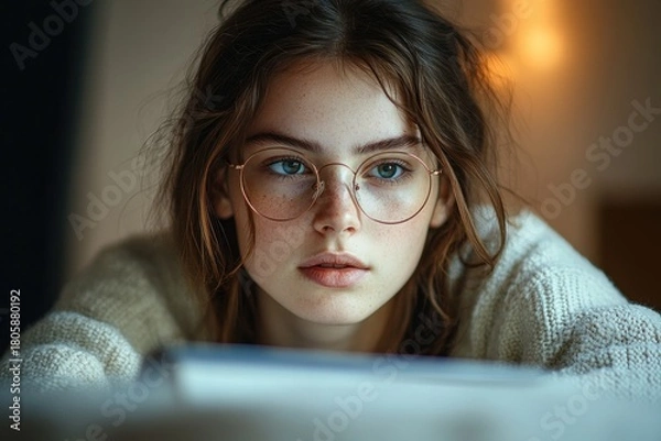 Obraz person with tousled hair in a cozy knit sweater leaning over a blurred book or laptop on a dimly lit table, warm lamp glow, focused and contemplative