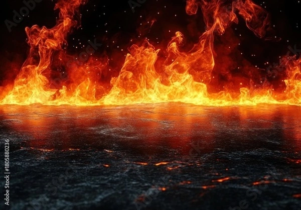 Fototapeta intense wall of orange and yellow flames with sparks and smoke behind a dark cracked scorched surface, glowing embers and dramatic sense of heat and danger