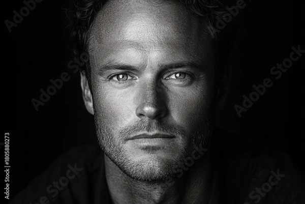 Fototapeta moody black and white portrait of a man with curly hair, visible ears and stubble, wearing a dark shirt, dramatic low-key lighting and contemplative expression