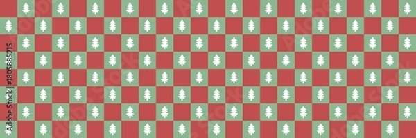 Fototapeta Festive seamless red and green checkered pattern with white Christmas trees. Perfect holiday background for wrapping paper, fabric, or winter decor with traditional seasonal charm.