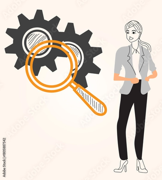 Fototapeta  illustration features a smiling professional woman next to an orange magnifying glass examining two gears, representing process analysis or mechanical investigation