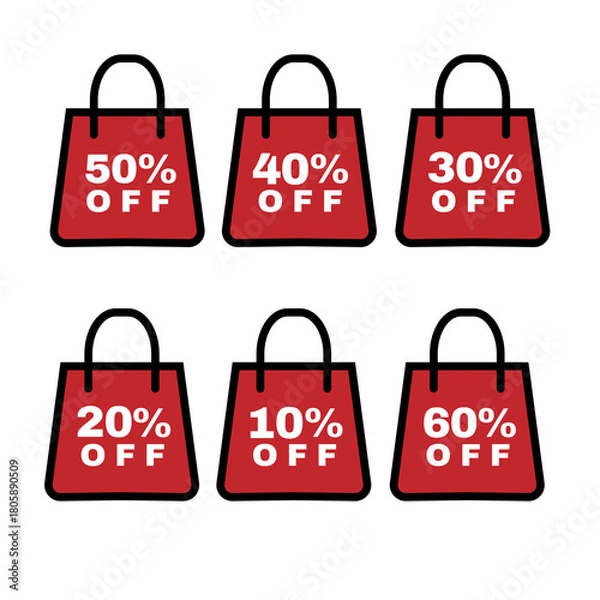 Obraz Percent-off sticker set (10%–60%) placed inside a shopping bag, perfect for promo designs, ads, and discount visuals.