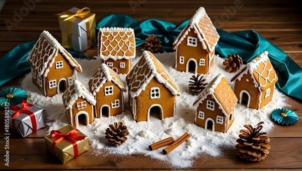 Fototapeta A charming collection of decorated gingerbread houses arranged on a rustic wooden surface with festive christmas decorations