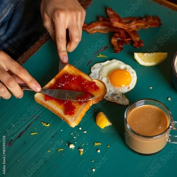 Fototapeta Person spreading jam on toast for breakfast with fried egg and bacon