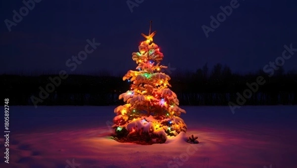 Fototapeta Illuminated christmas tree decorated with colorful lights in a snowy landscape at dusk