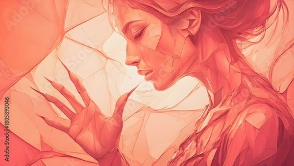 Fototapeta Close up of a woman s face in profile with eyes closed and hand raised in warm soft light