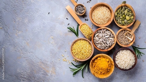 Fototapeta Overhead view of assorted dried grains seeds and spices in wooden bowls on a textured background