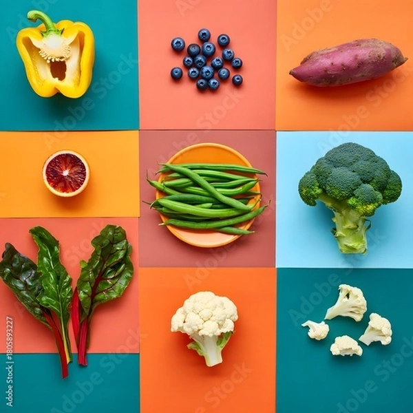 Fototapeta Vibrant assortment of fresh fruits and vegetables arranged in a grid on colorful backgrounds