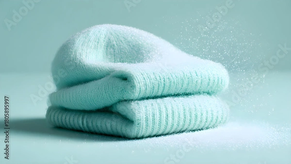 Fototapeta Cozy, fluffy pastel blue knitwear stacked softly with sparkling sugar dust creating a dreamy, luxurious winter aesthetic