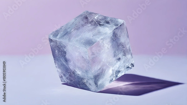 Fototapeta Captivating crystal clear ice cube casting dramatic shadow on pastel background, perfect for refreshing product visuals and cool branding