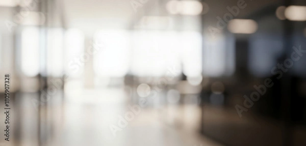 Fototapeta Blurred modern office interior hallway with bright windows and light fixtures, creating a sleek professional workplace ambience with soft glowing tones and calm depth.