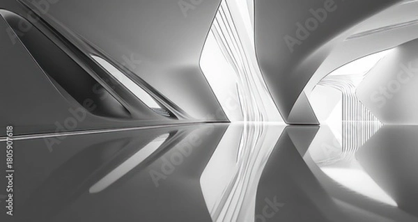 Fototapeta Minimal futuristic white interior with smooth curving walls, flowing lines, central glowing seam and mirrored reflective floor, serene and otherworldly atmosphere