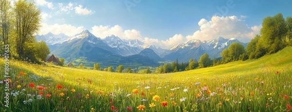 Obraz Sunlit wildflower meadow with colorful blooms, rolling green hills, scattered trees and a small cottage beneath snow-capped mountains under a bright blue sky, peaceful and idyllic