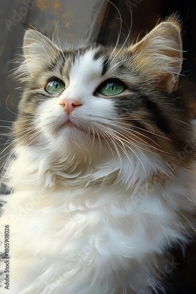 Fototapeta close-up of a fluffy long-haired cat with tufted ears and a soft white ruff, calm and regal expression in warm soft light
