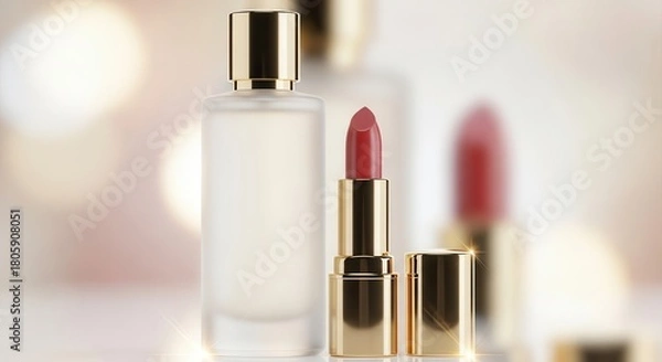 Obraz Luxury cosmetic products featuring a frosted fragrance bottle and vibrant red lipstick are displayed against a soft background.
