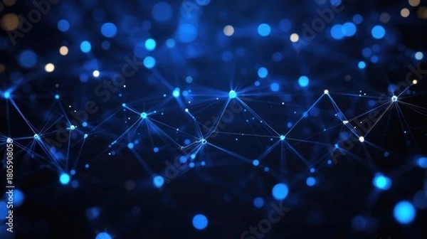 Obraz glowing blue network of interconnected nodes and fine lines over a dark background with scattered bokeh lights, evoking a futuristic, mysterious sense of digital depth and connection