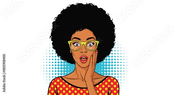 Fototapeta An amazed Black woman in pop art style wears yellow glasses and a red polka-dot shirt, expressing shock with her hand on her face.