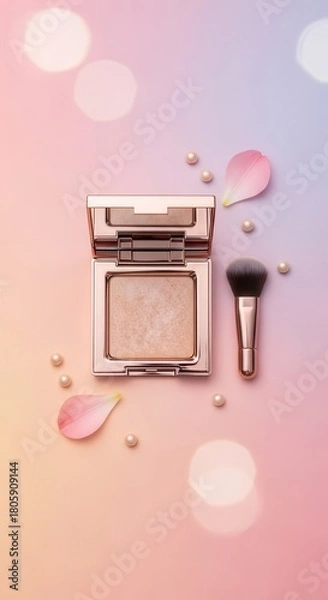 Obraz Compact cosmetic case and applicator brush displayed with delicate accents on a soft gradient background