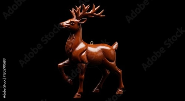 Fototapeta An elegant brown deer figurine, crafted from wood or ceramic, stands against a stark black background, embodying festive holiday tradition and Christmas spirit.