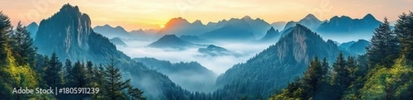 Fototapeta Sunrise over mist-filled mountain valleys with jagged peaks, rocky cliffs and evergreen forest under a soft pastel sky, evoking serene and majestic calm