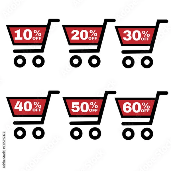 Obraz Percent-off sticker set (10%–60%) in a shopping cart, ideal for promo graphics, ads, and discount visuals.
