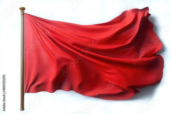 Fototapeta Bold red flag waving on a golden pole against a white background, flowing silk-like fabric with dramatic folds conveying urgency and striking emotion