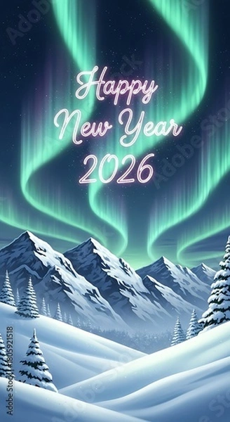 Fototapeta Happy New Year 2026.Happy new year 2026 with aurora borealis over snowy mountains isolated on transparent background