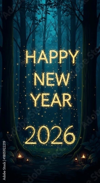 Fototapeta Happy New Year 2026.Magical glowing text happy new year 2026 in a dark enchanted forest isolated on transparent background