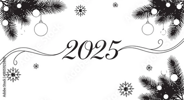 Fototapeta Elegant 2025 New Year Design with Pine Branches and Ornaments in Black and White