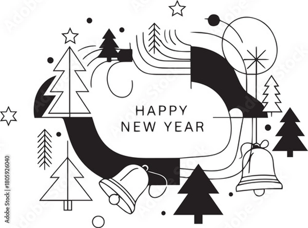 Fototapeta Minimalist Happy New Year Illustration with Trees and Bells