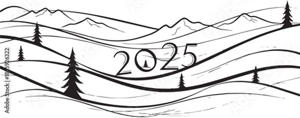 Obraz 2025 New Year Illustration with Snowy Hills and Pine Trees in Black and White